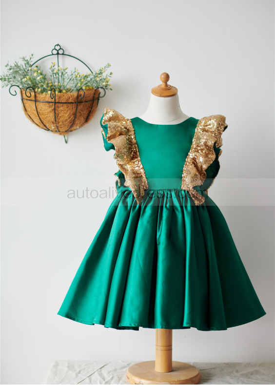 Emerald Green Satin Gold Sequin V Back Flower Girl Dress